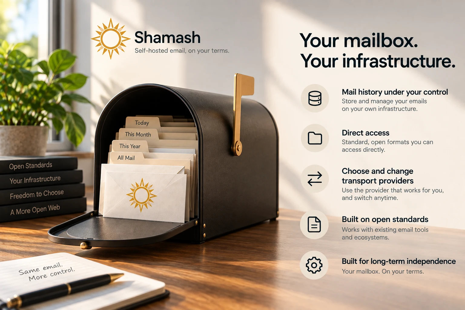 Warm illustration of a mailbox representing mail history kept on infrastructure controlled by its operator.