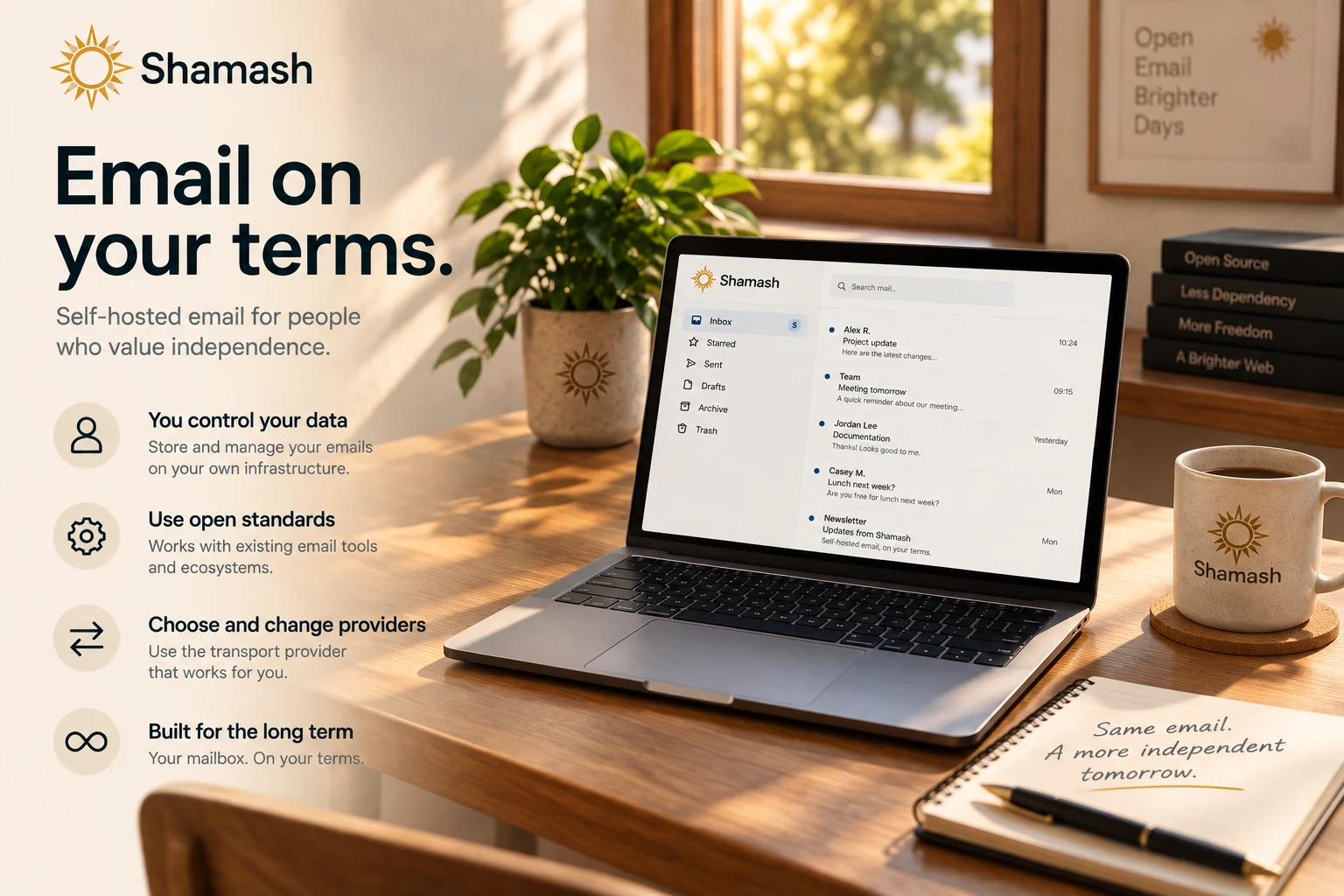 Warm sunlit workspace with the Shamash webmail interface displayed on a laptop.